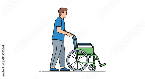 Illustration depicting a man pushing an empty wheelchair, symbolizing support and accessibility for people with disabilities in healthcare settings