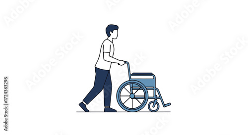 Illustration of a person pushing an empty wheelchair on a clean white backdrop showcasing accessibility and support themes with a modern design