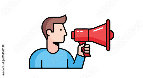 Illustration of a man using a megaphone to broadcast an announcement or share an opinion powerfully and effectively