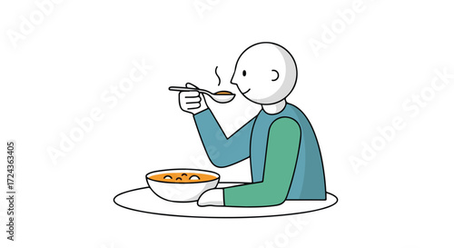Illustration of an individual enjoying a nourishing bowl of hot soup on white background