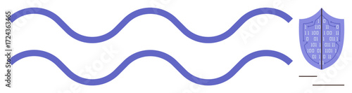 Blue wavy lines and shield with binary code emphasize digital protection, encryption, firewall security, and privacy. Ideal for cybersecurity, data protection, antivirus, safe communication, IT