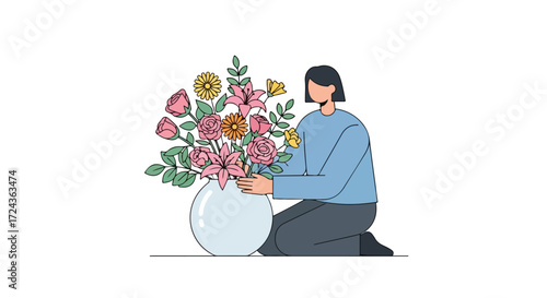 Elegant floral arrangement illustration featuring a woman kneeling to style a lush bouquet in a spherical vase minimalist design aesthetic