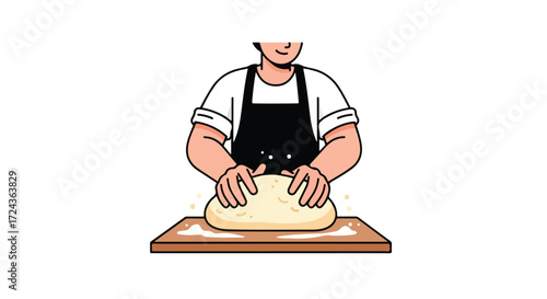 Illustrative depiction of a baker meticulously kneading dough, preparing for bread making in a bright culinary scene, conveying expertise and care,