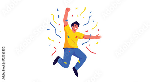 Energetic celebration: A cartoon man rejoices amidst a shower of vibrant confetti representing joy and achievement with excitement and energy