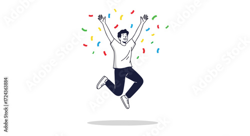 Energetic celebration illustration: Man jumping with colorful confetti expressing happiness and cheerfulness