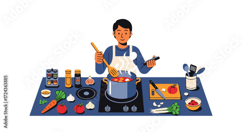 Man cooking soup on a stove with fresh vegetables, spices, and utensils in a kitchen environment preparing dinner with a wooden spoon and a knife on
