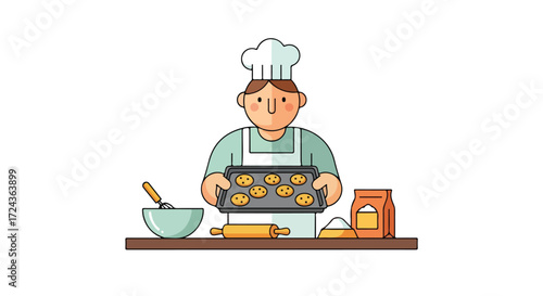 Illustrative depiction of a chef presenting a tray of freshly baked cookies with cooking utensils and ingredients displayed on a countertop
