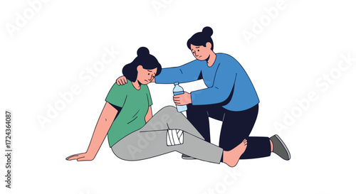 Woman assisting injured friend with water after an accident, showing empathy and providing care in a minimalist design approach