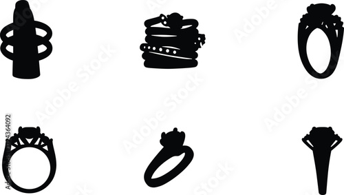 “Vector illustration set of elegant diamond rings collection with luxury jewelry designs, gemstone engagement bands, wedding accessories, stylish fashion silhouettes”