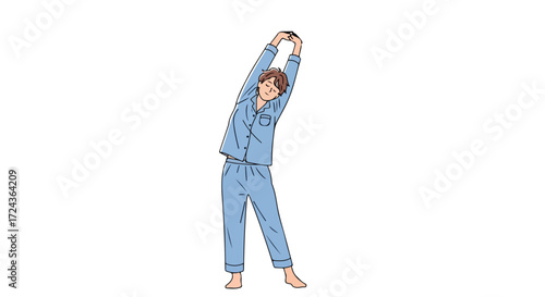 Illustration depicting a relaxed person in pajamas stretching after waking up with a cheerful expression morning ritual