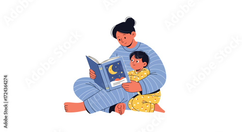 Enchanting bedtime story with mother and child reading beneath the moonlit sky illustration emphasizing the joy of reading and the warmth of