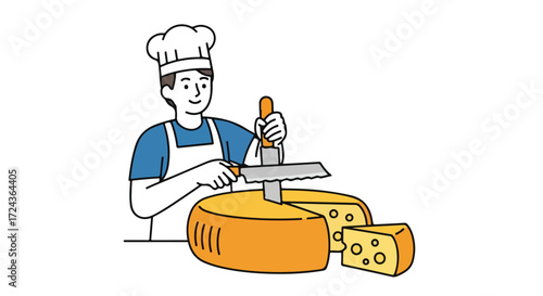 Chef skillfully slices a ripe wheel of cheese with specialized tool, a culinary delight awaits with artesian cheese making process, expert preparation