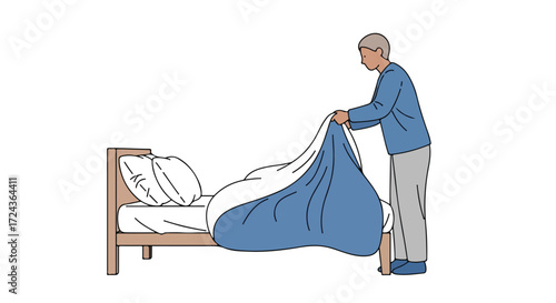 Illustration depicting a person changing the bedsheets in a bedroom setting, performing a common household chore for a clean and tidy living space