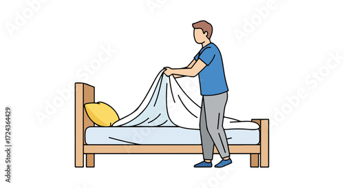 Man making bed vector illustration depicting domestic task and preparing for sleep showcasing cleanliness and order in bedroom preparation