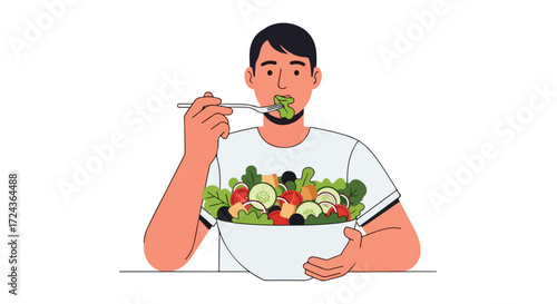 Man enjoying a generous portion of vibrant salad, showcasing a healthy lifestyle and mindful eating habits that promotes well-being and nutrition