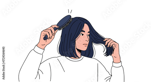 Illustration of a young woman with bob hairstyle brushing her hair in a grooming routine and elegant pose