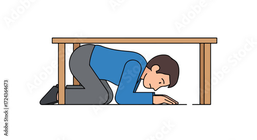 Cartoon illustration depicting safety procedure of sheltering under a sturdy table during an earthquake event for protection and safeguard awareness