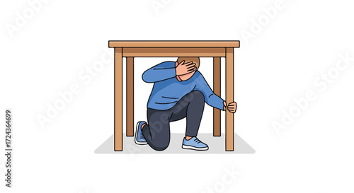 Man seeking safety under a table during an earthquake, demonstrating emergency preparedness and safety procedures inside a building or home