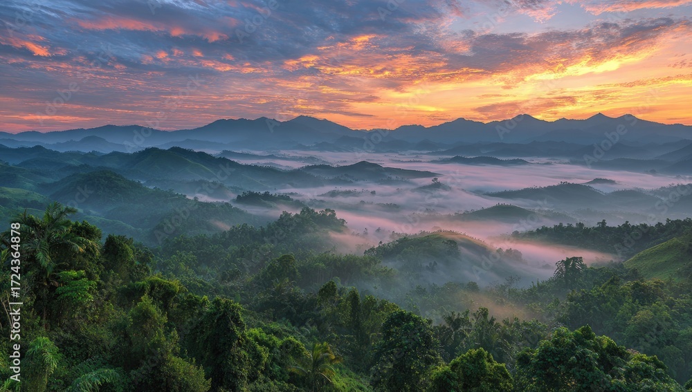 Fototapeta premium Sunrise over misty mountain range (1)