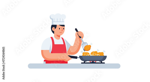 Illustrated chef preparing a delightful dish of golden fried chicken in a pan with skill and passion showcasing his culinary talent and love for food
