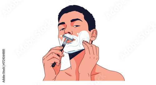 Precision Shave: A Man's Morning Ritual Depicted in Clean, Modern Illustration Style