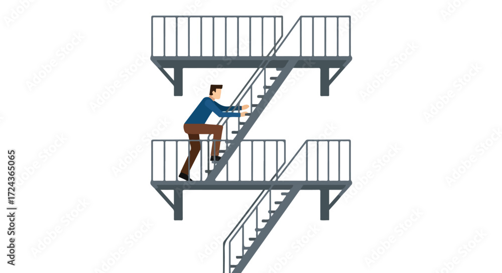 Fototapeta premium Reaching new heights: A determined man ascends the intricate fire escape on building facade