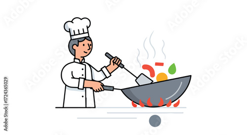 Chef mastering the art of wok cooking, showcasing vibrant vegetables and a culinary expertise, adding flavor to a kitchen scenario illustrated