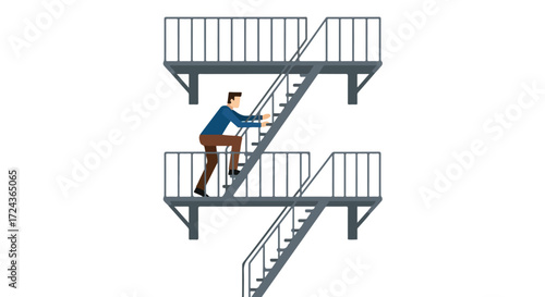 Reaching new heights: A determined man ascends the intricate fire escape on building facade