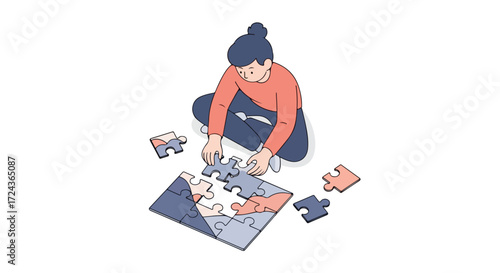 Conceptual art piece portraying a young woman deeply engrossed in solving a jigsaw puzzle that promotes problem-solving skills
