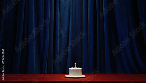 Birthday cake on a red table in front of blue drapes