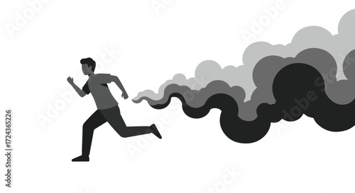 Silhouette of a man running away from a cloud of smoke, depicting concepts of escape, pollution and environmental issues impacting individuals