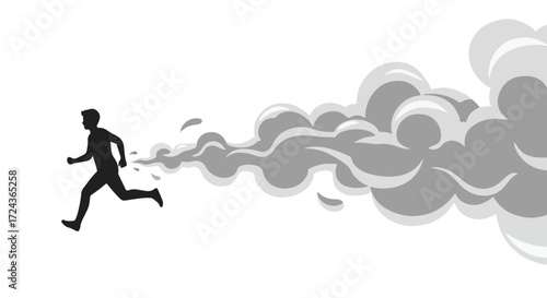 Silhouette of a sprinter with steam or smoke trailing behind, capturing speed and motion in a minimalist and stylized design concept