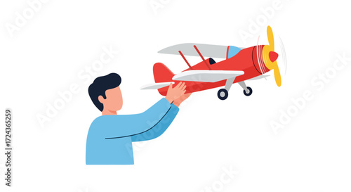 Man with toy biplane embodying childhood dreams and aspirations, symbolizing freedom, adventure, and the joy of imagination