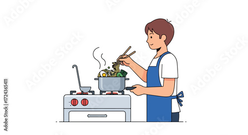 Illustration of a Young Man Cooking Ramen in the Kitchen at Home with a Minimalist Aesthetic and Soft Colors Cooking at Home Depiction