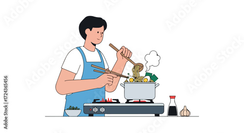 Illustrative depiction of a man in an apron cooking asian cuisine at home with steam rising above the pot