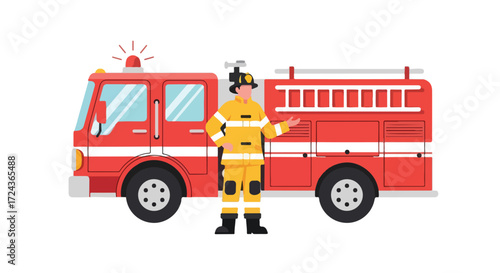 Firefighter with a fire engine truck, a courageous rescuer ready for emergencies, flat design, colorful and vibrant firetruck illustration, a