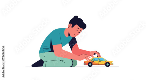 Enthralled in Miniature Adventures: A Young Man's Joyful Playtime with Toy Car, a Nostalgic Moment portrayed in Simplistic