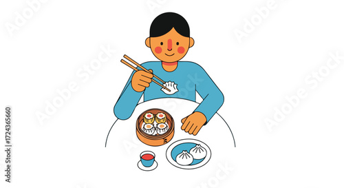 Enjoying dim sum delicacies: An illustration of a cheerful person savoring traditional chinese cuisine with chopsticks at a table filled with