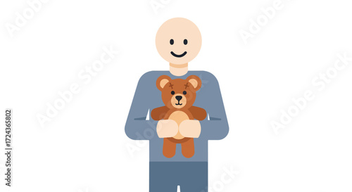Minimalist illustration of person holding a teddy bear, symbolizing childhood innocence and comfort. A simple, clean visual conveying warmth and