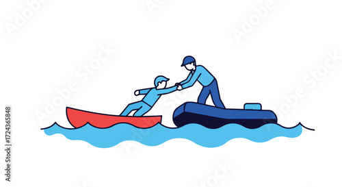 Rescuer offering assistance to a person from a small boat with an inflatable rescue craft navigating through waves demonstrating aid and support on