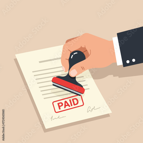 Hand stamps a document with "PAID