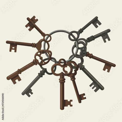 Bunch of antique, brown and gray keys hanging on metal rings