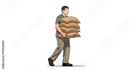 Cartoon depiction of a man carrying a stack of brown sacks filled with material on an isolated white background