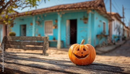 Fototapeta Naklejka Na Ścianę i Meble -  Halloween pumpkin on weathered wooden bench, vibrant blue house background