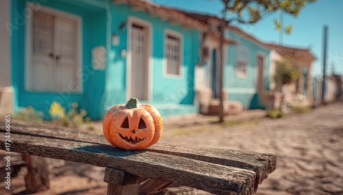Fototapeta Naklejka Na Ścianę i Meble -  Small decorative pumpkin on a weathered bench in a charming village