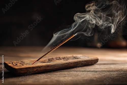 Incense stick burning on wooden stand