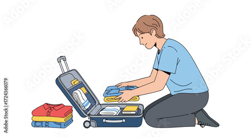 Illustration depicting a young traveler carefully packing a suitcase with folded clothing for a vacation or business trip scenario, showing