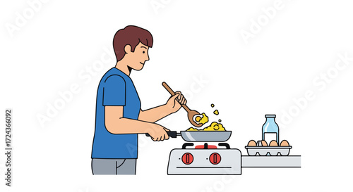 Illustration depicting a young man joyfully preparing scrambled eggs on a stovetop in a minimalistic cartoon style kitchen setting