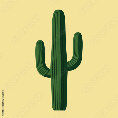 Cartoon saguaro cactus with vertical ridges, arms, on a tan background
