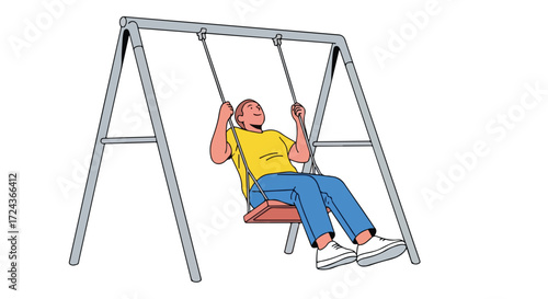 Boy enjoying carefree swinging motion on a metal outdoor swing set on a pleasant day showing fun carefree moments and joyful happiness carefree